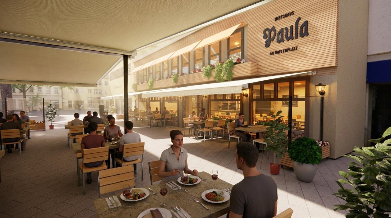 Außenansicht des Wirtshauses mit besetzter Terrasse in Oldenburg.